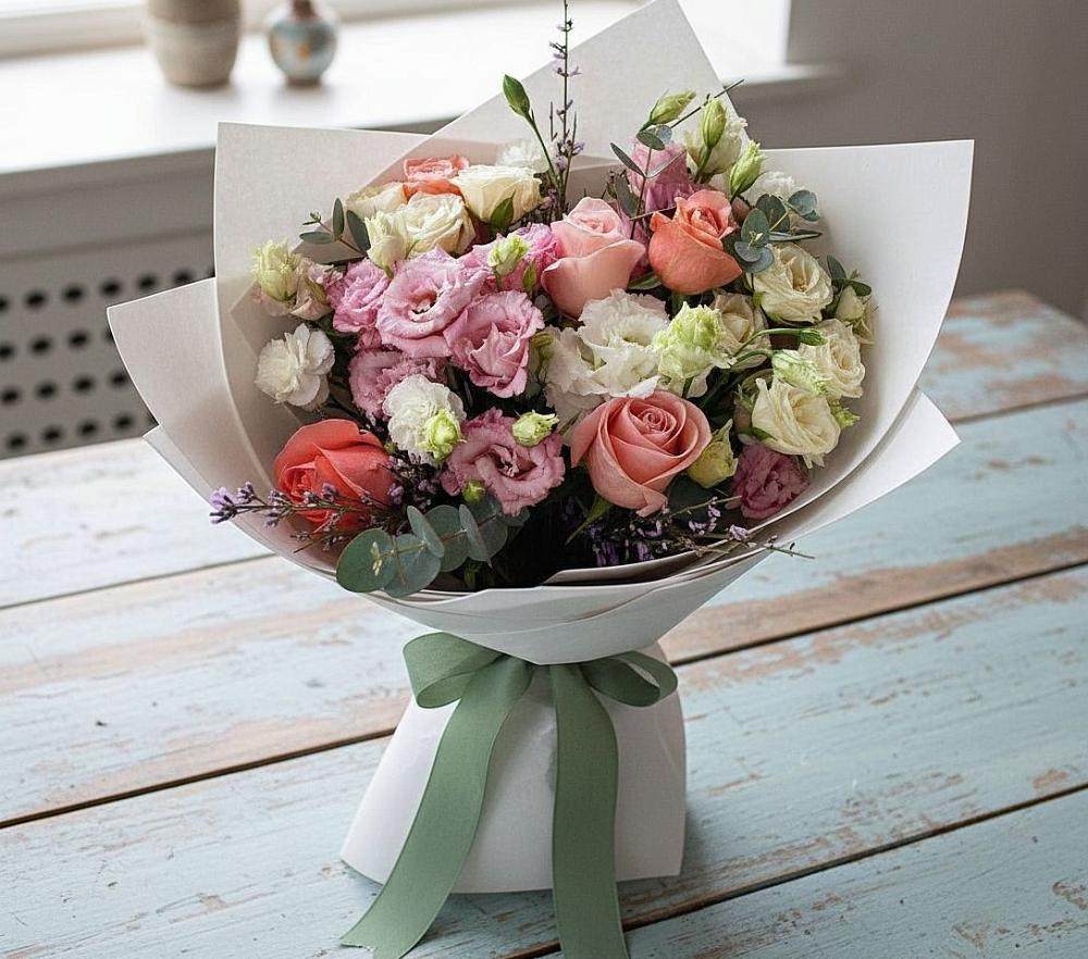 Букет цветов из: Розы, Лизиантусы и Гвоздики в Мармашах